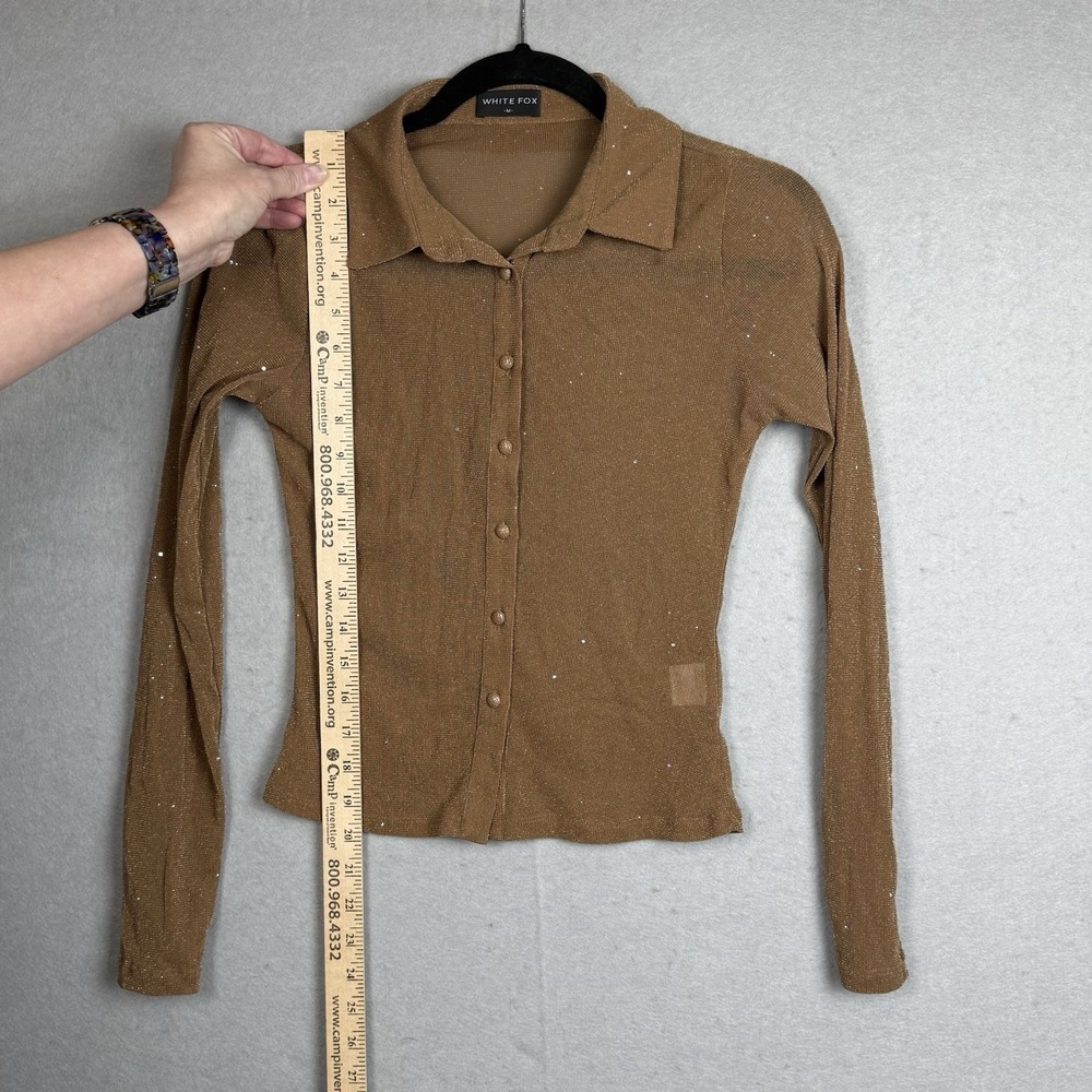 White Fox Womens Tan Sheer Sparkle Long Sleeve Button Up Y2K Top Sz M Whimsygoth - Picture 3 of 6